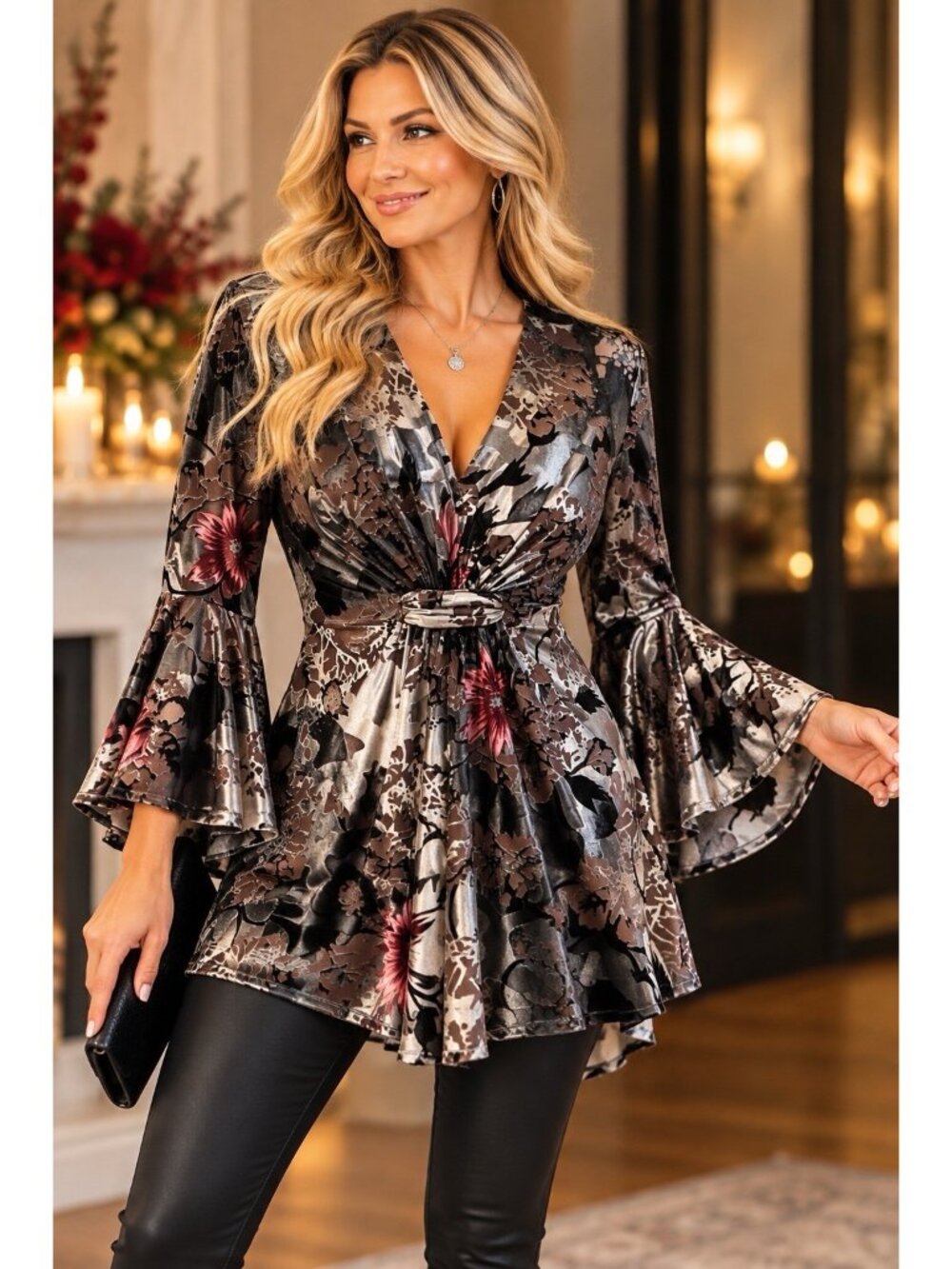 Mechant Womens Small Velvet Burnout Floral Tunic Blouse Bell Sleeve Whimsigoth